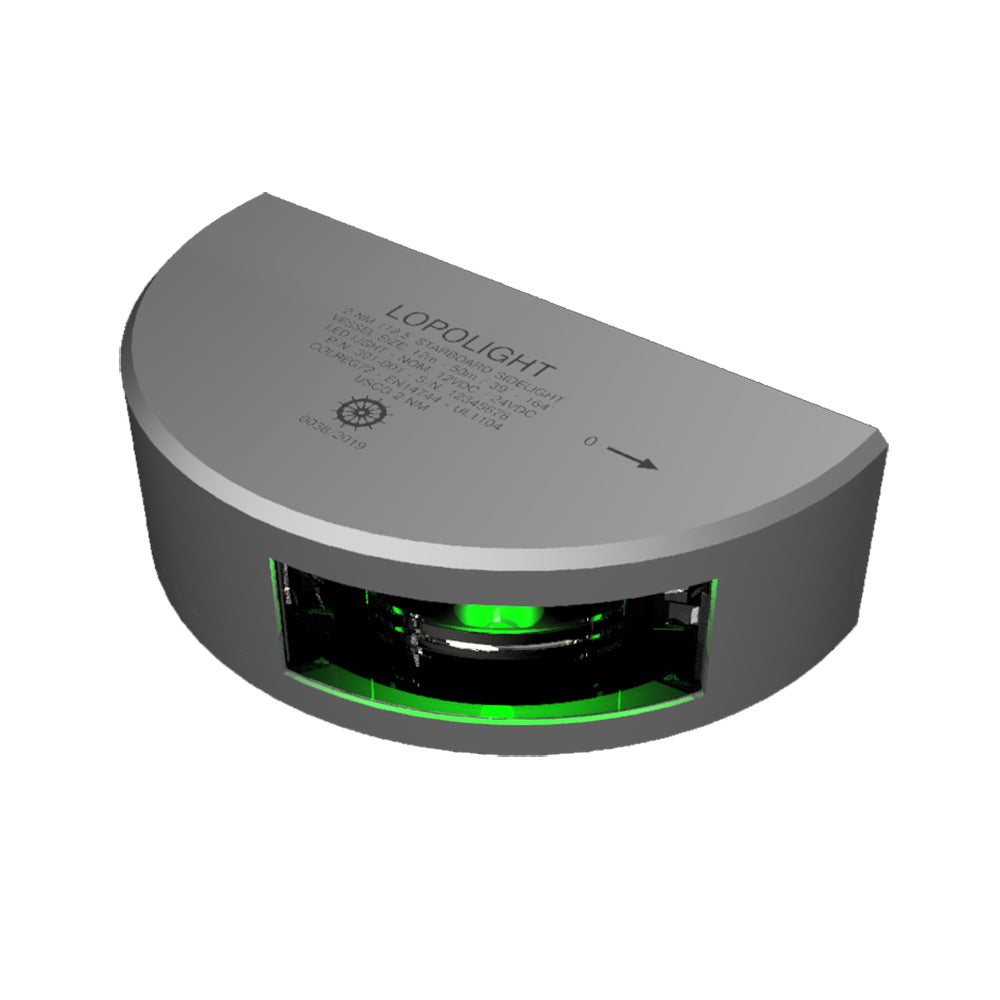 Lopolight Series 301001  Starboard Sidelight  2NM  Vertical Mount  Green  Silver Housing  301001