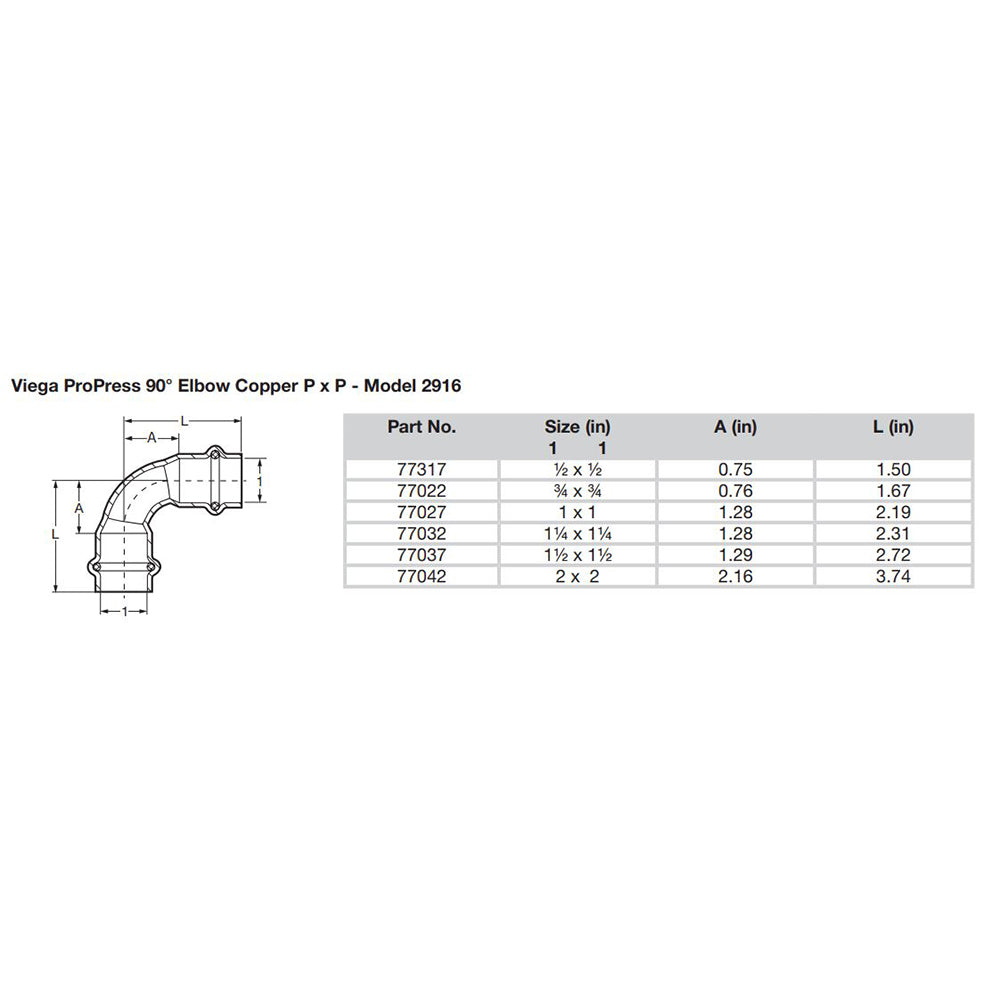 Viega ProPress 2  90 Copper Elbow  Double Press Connection  Smart Connect Technology 77042