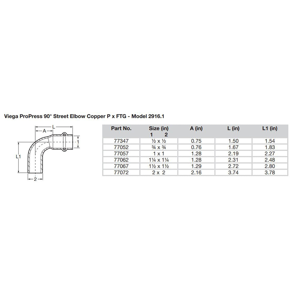 Viega ProPress 114  90 Copper Elbow  StreetPress Connection  Smart Connect Technology 77062