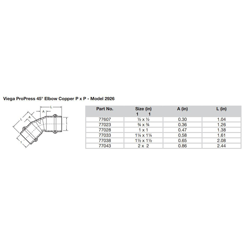 Viega ProPress 2  45 Copper Elbow  Double Press Connection  Smart Connect Technology 77043