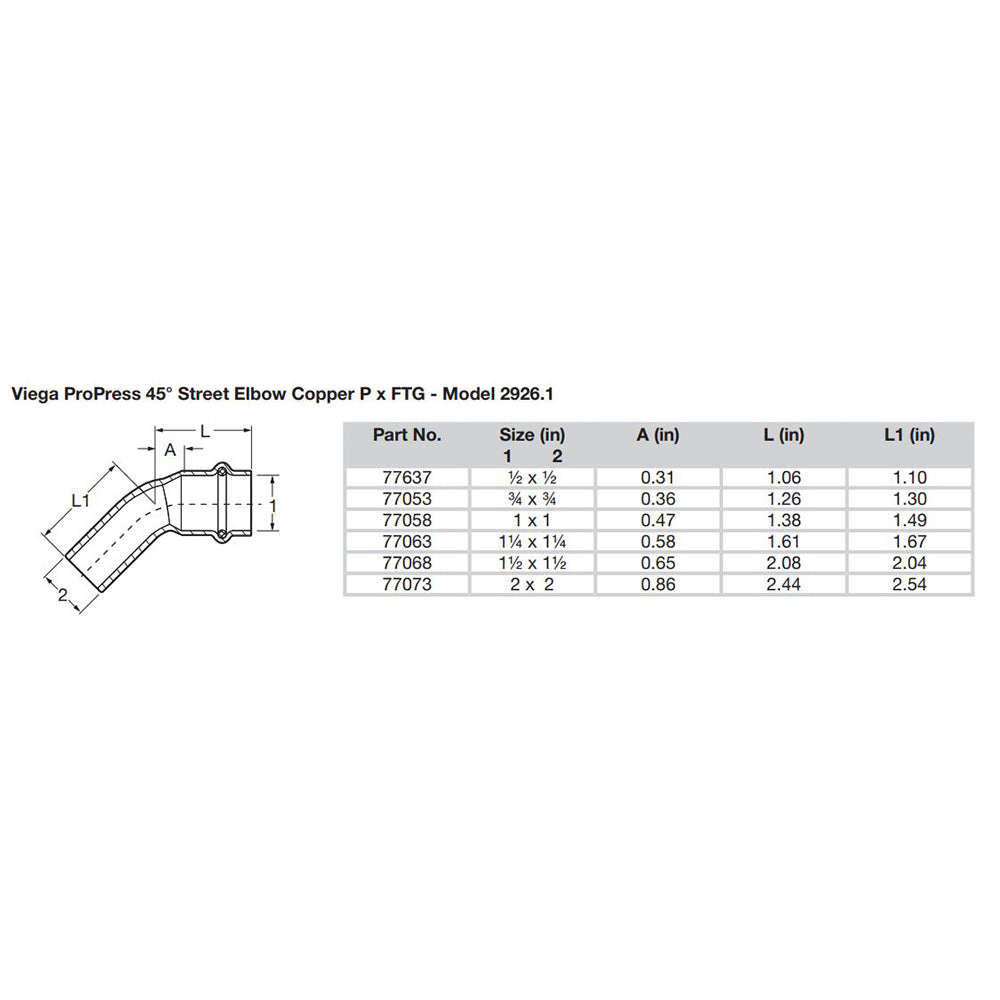 Viega ProPress 34  45 Copper Elbow  StreetPress Connection  Smart Connect Technology 77053