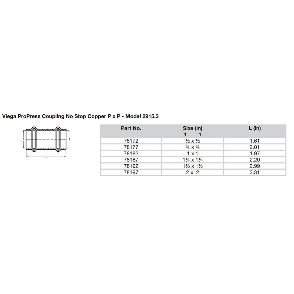 Viega ProPress 1 Copper Coupling wo Stop  Double Press Connection  Smart Connect Technology 78182
