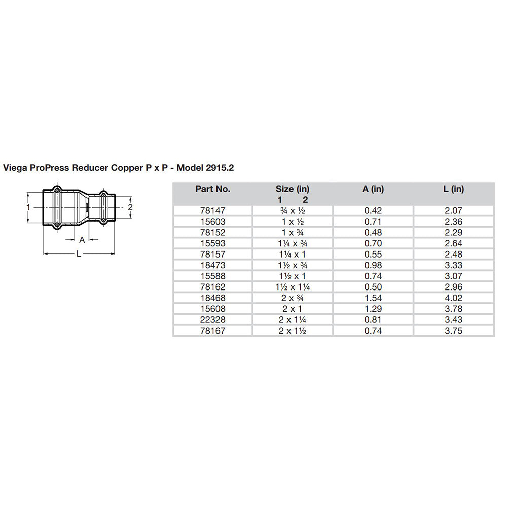 Viega ProPress 2 x 112 Copper Reducer  Double Press Connection  Smart Connect Technology 78167