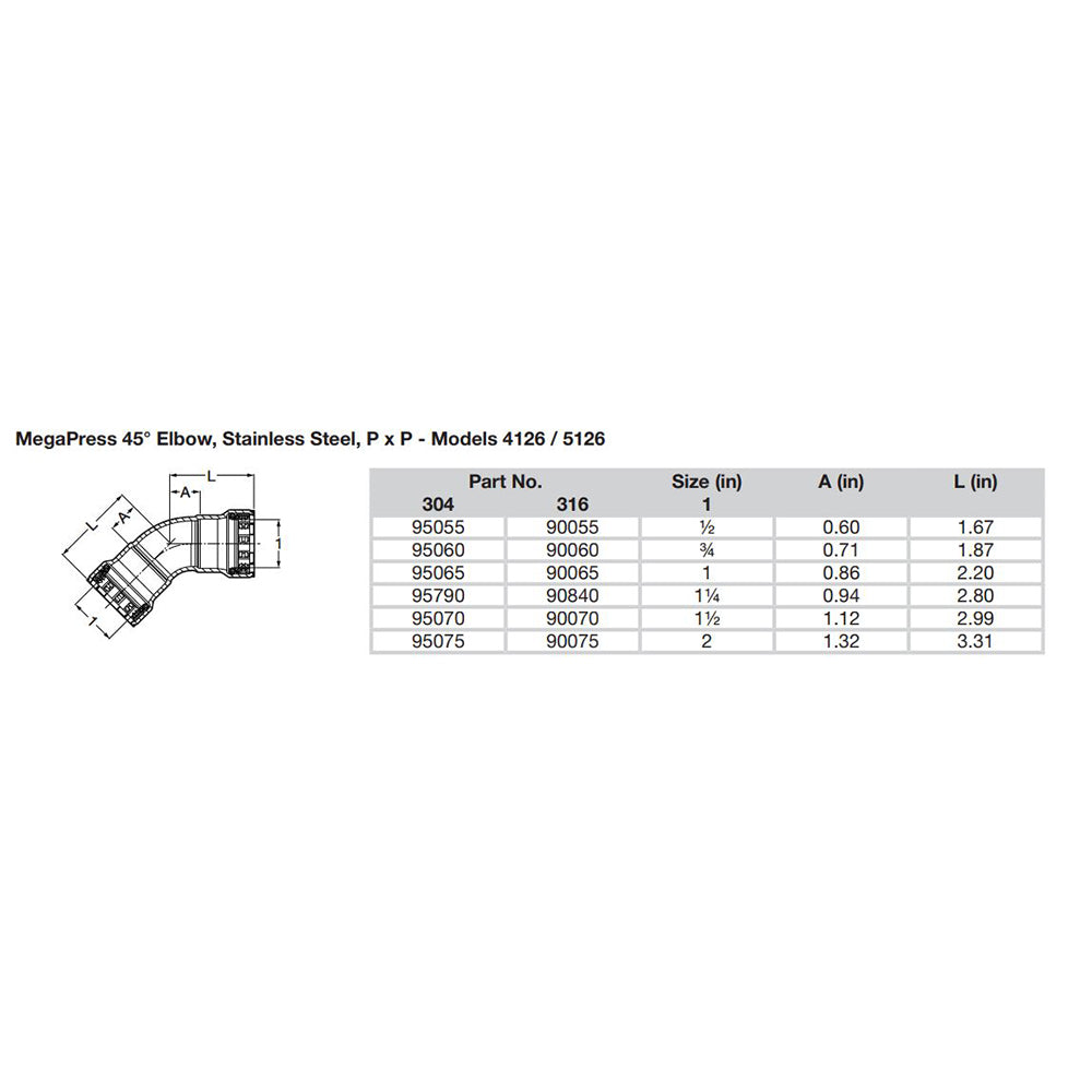 Viega MegaPress 112 45 Stainless Steel 304 Elbow  Double Press Connection  Smart Connect Technology 95070